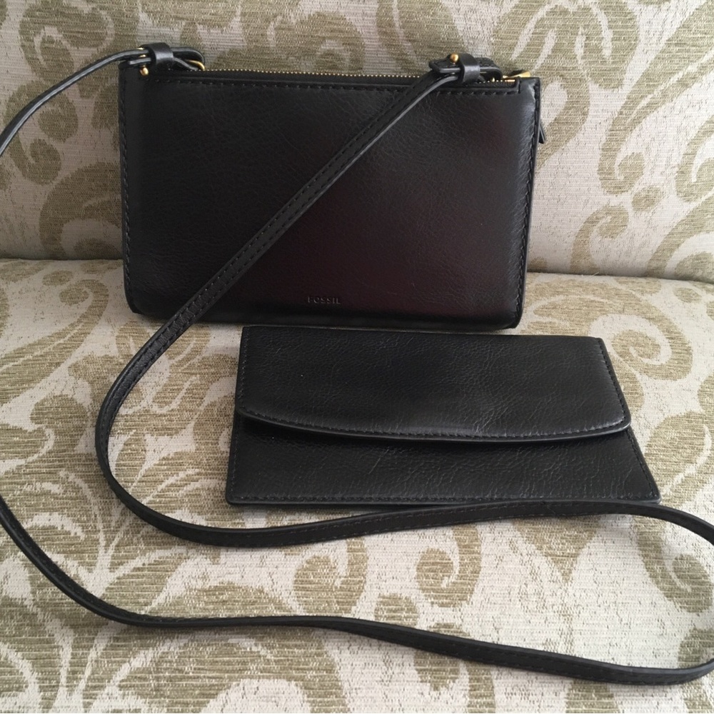 Fossil black cow hide leather crossbody clutch purse removable strap & wallet